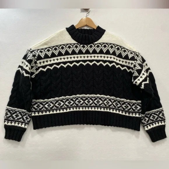 Francesca’s Black & White Pattern Mock Neck Knit Sweater L Fair Isle ST21949 - Picture 3 of 11